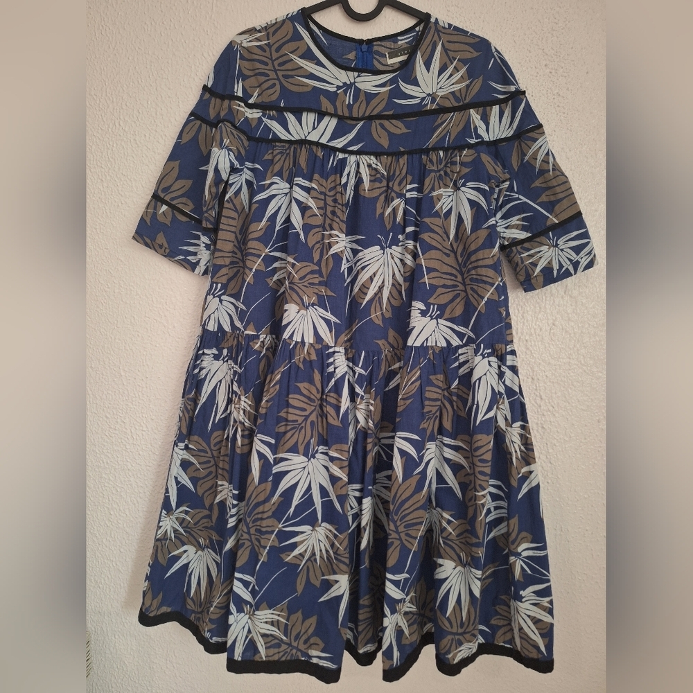 ROWE Blue and Brown Resort Sundress with Puff Sleeves